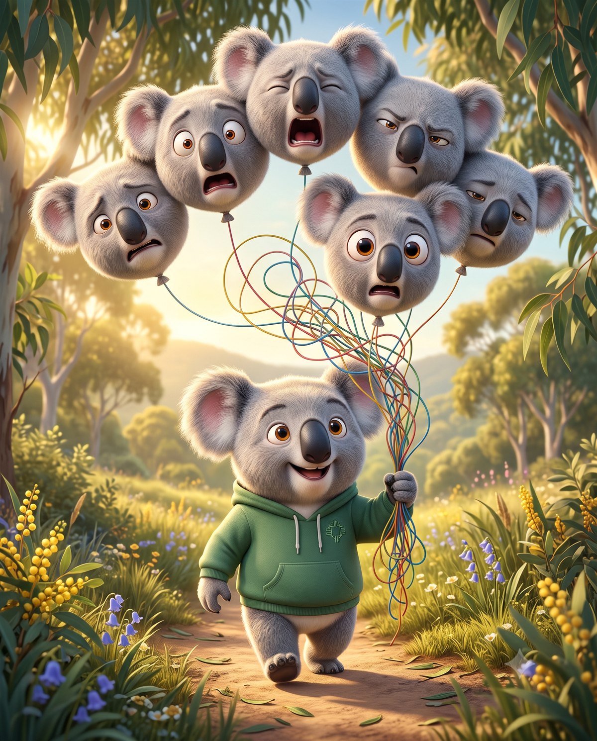 KoalaClaude happily carrying six worried balloons shaped like koala heads