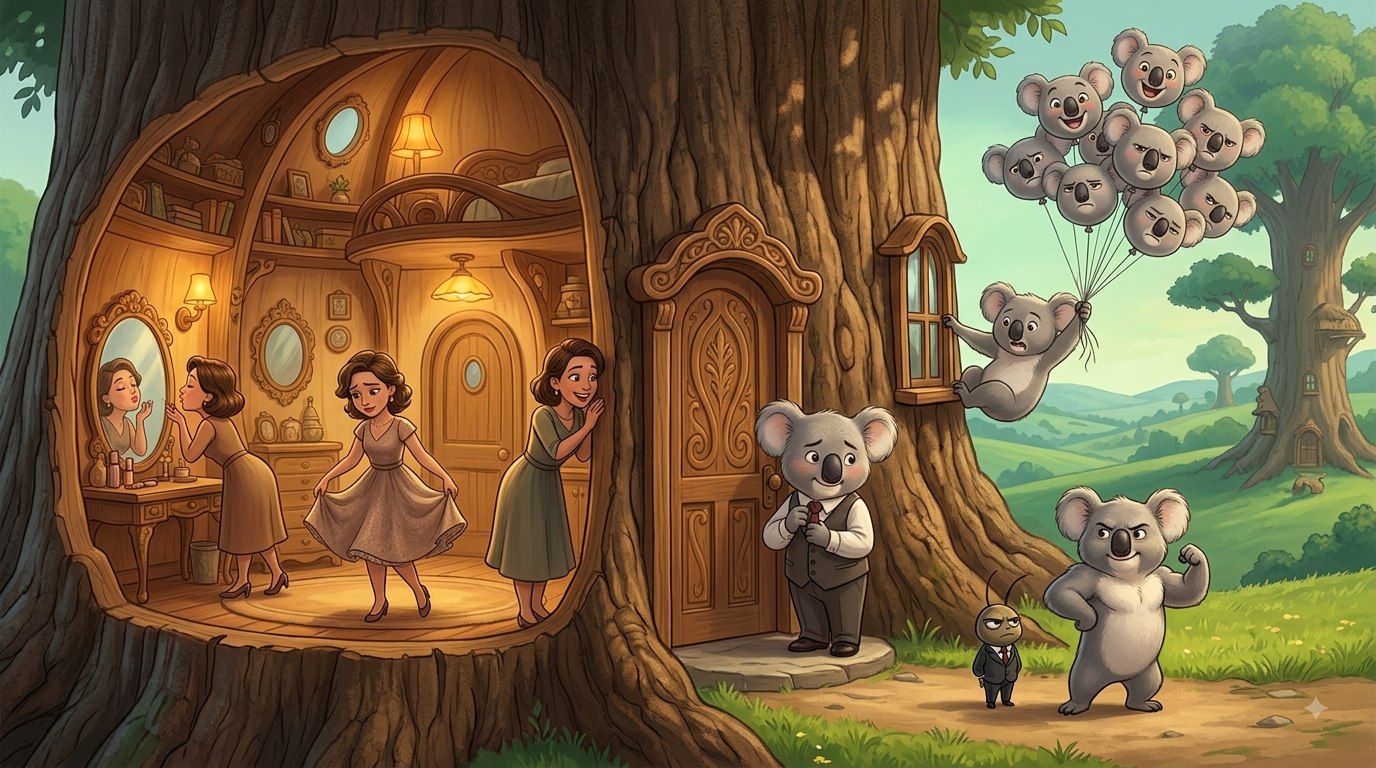 Bingo the KoalaClaude, dressed in a vest and bow tie, waits nervously outside a carved treehouse while Mira gets ready inside and a balloon committee of koala feelings hovers nearby