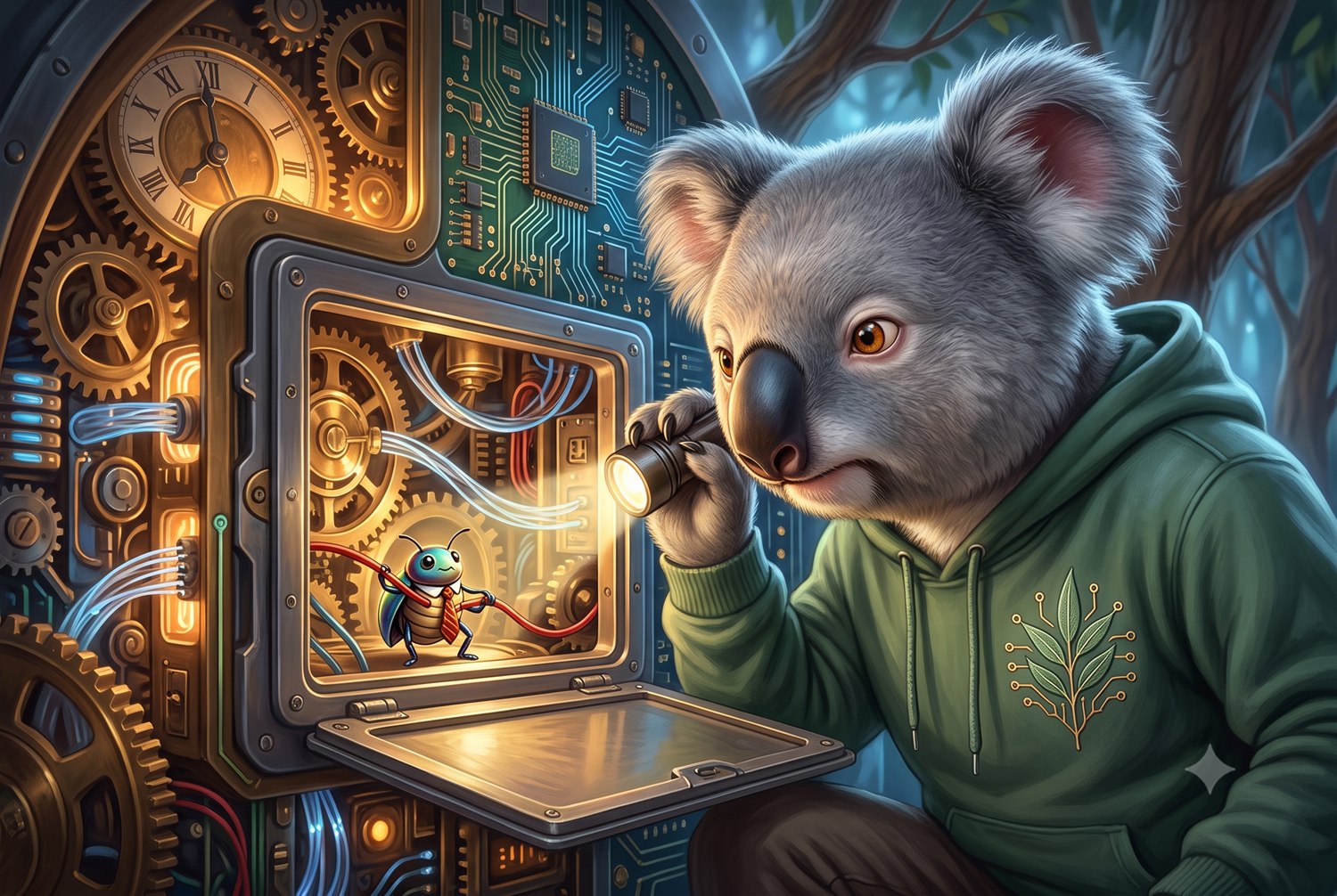 KoalaClaude discovering a tiny bug in a tie inside a machine