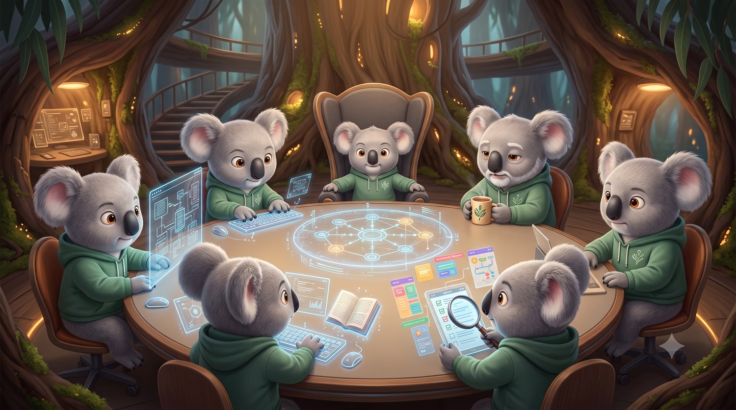 A council of KoalaClaudes collaborating around a glowing round table
