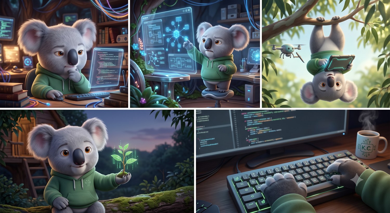 A collection of early KoalaClaude scenes and experiments