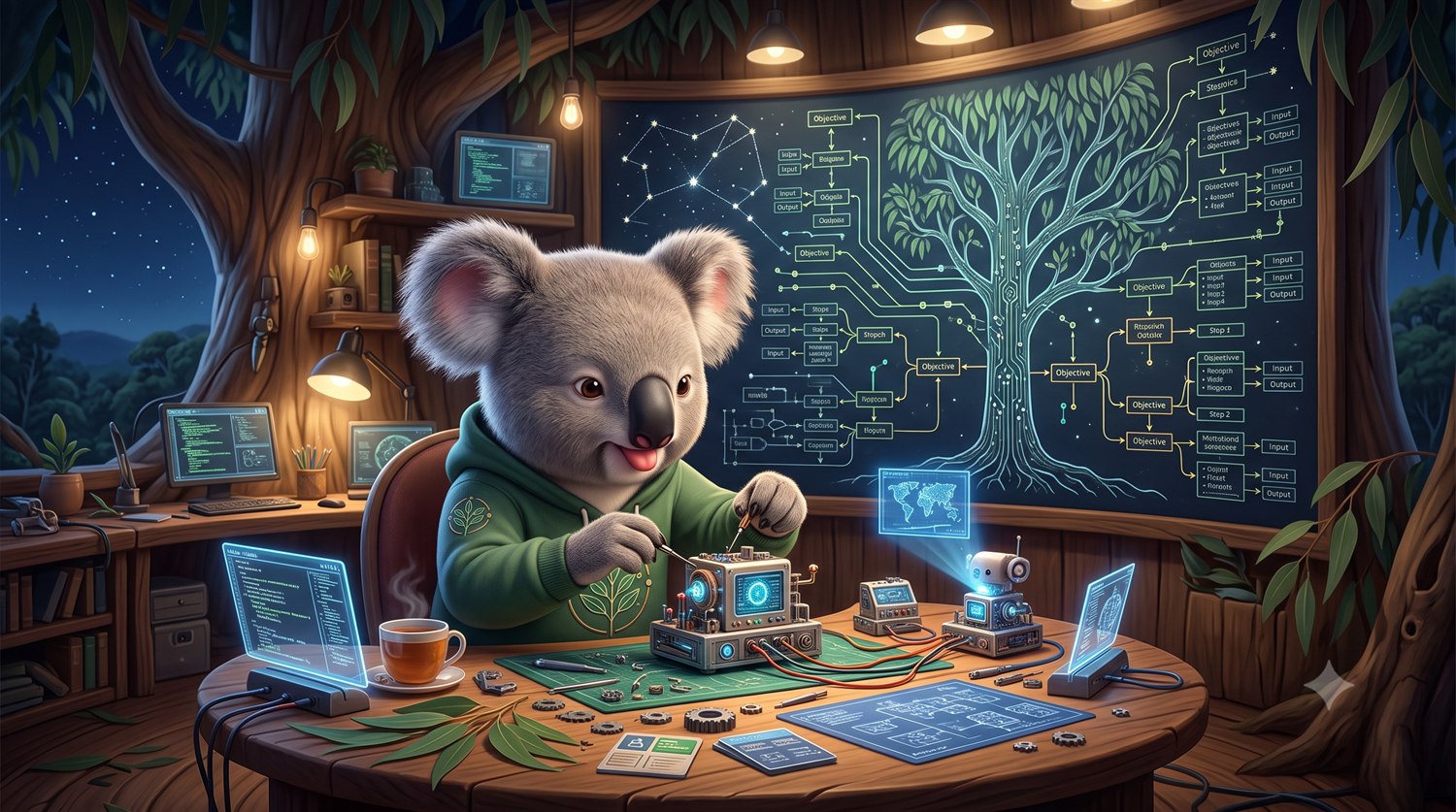 KoalaClaude building a tiny machine in a glowing treetop workshop